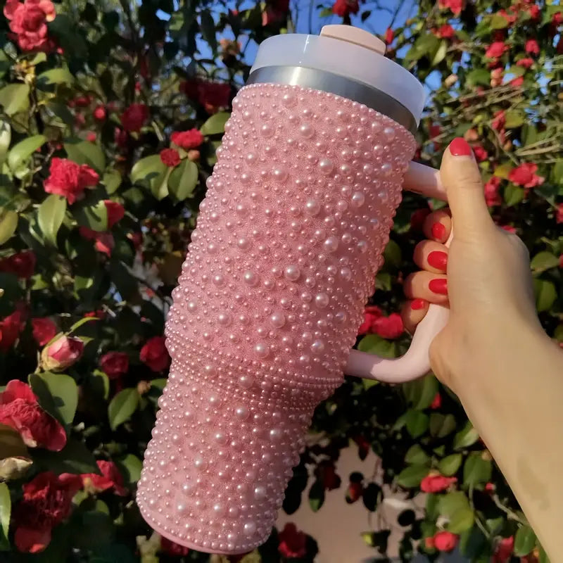 40oz Sweet Pearl-Embellished Stainless Steel Insulated Tumbler with Handle and Straw - Large Capacity, Reusable, Hand Wash Only, Perfect for Car, Travel, and Holiday
