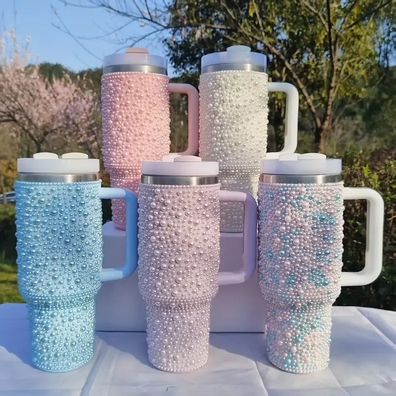 40oz Sweet Pearl-Embellished Stainless Steel Insulated Tumbler with Handle and Straw - Large Capacity, Reusable, Hand Wash Only, Perfect for Car, Travel, and Holiday