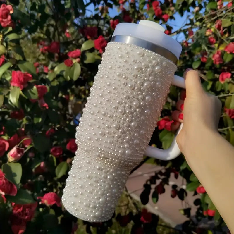 40oz Sweet Pearl-Embellished Stainless Steel Insulated Tumbler with Handle and Straw - Large Capacity, Reusable, Hand Wash Only, Perfect for Car, Travel, and Holiday