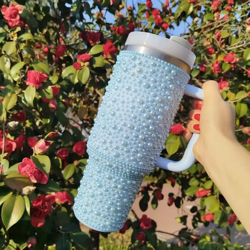 40oz Sweet Pearl-Embellished Stainless Steel Insulated Tumbler with Handle and Straw - Large Capacity, Reusable, Hand Wash Only, Perfect for Car, Travel, and Holiday