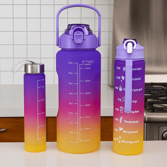 Gradient Motivational Water Bottle Set – 3 Sizes (Large, Medium, Slim) with Time Markers & Leak-Proof Lid