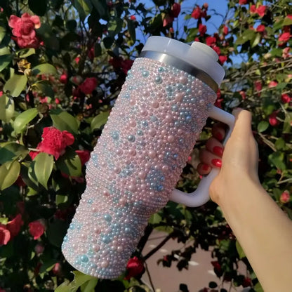 40oz Sweet Pearl-Embellished Stainless Steel Insulated Tumbler with Handle and Straw - Large Capacity, Reusable, Hand Wash Only, Perfect for Car, Travel, and Holiday