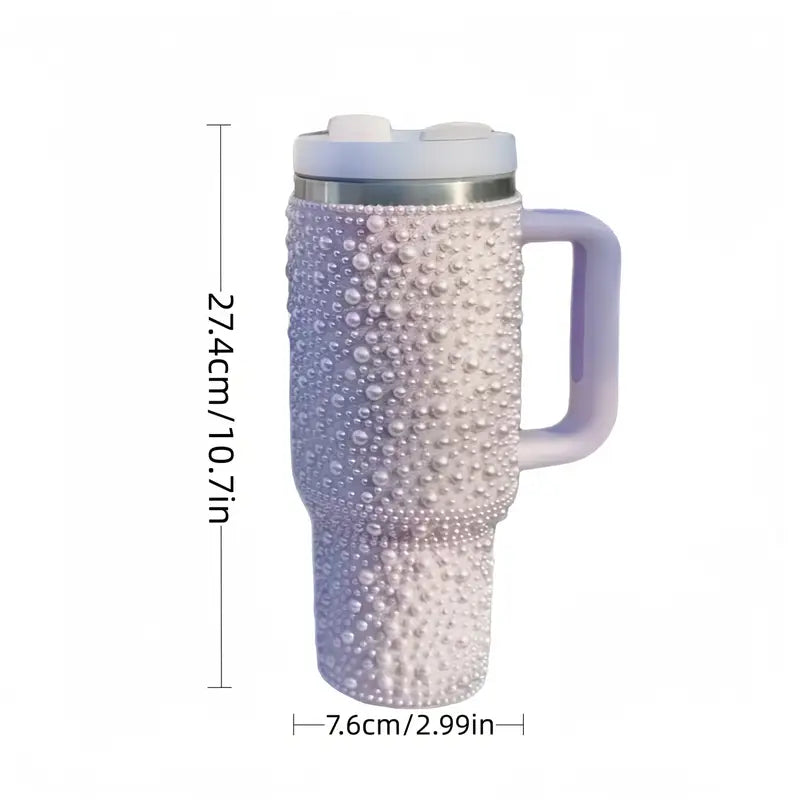40oz Sweet Pearl-Embellished Stainless Steel Insulated Tumbler with Handle and Straw - Large Capacity, Reusable, Hand Wash Only, Perfect for Car, Travel, and Holiday