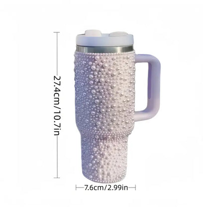 40oz Sweet Pearl-Embellished Stainless Steel Insulated Tumbler with Handle and Straw - Large Capacity, Reusable, Hand Wash Only, Perfect for Car, Travel, and Holiday