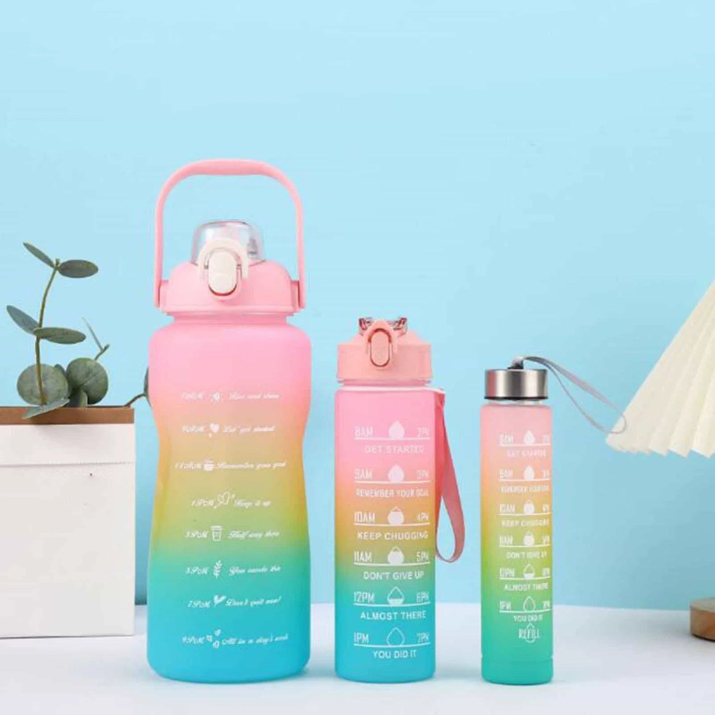 Gradient Motivational Water Bottle Set – 3 Sizes (Large, Medium, Slim) with Time Markers & Leak-Proof Lid