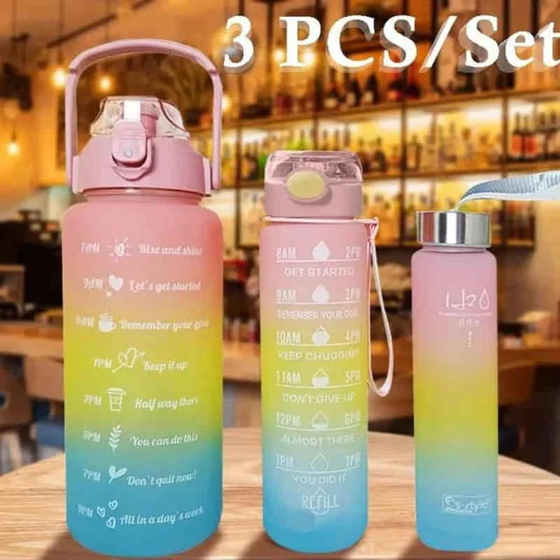 Gradient Motivational Water Bottle Set – 3 Sizes (Large, Medium, Slim) with Time Markers & Leak-Proof Lid