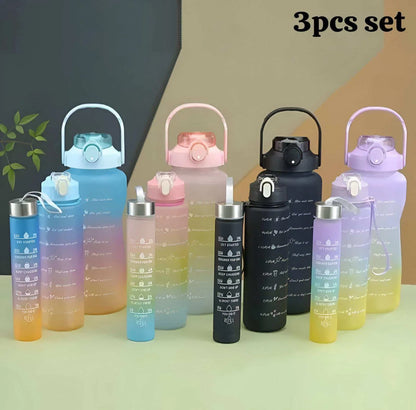 Gradient Motivational Water Bottle Set – 3 Sizes (Large, Medium, Slim) with Time Markers & Leak-Proof Lid