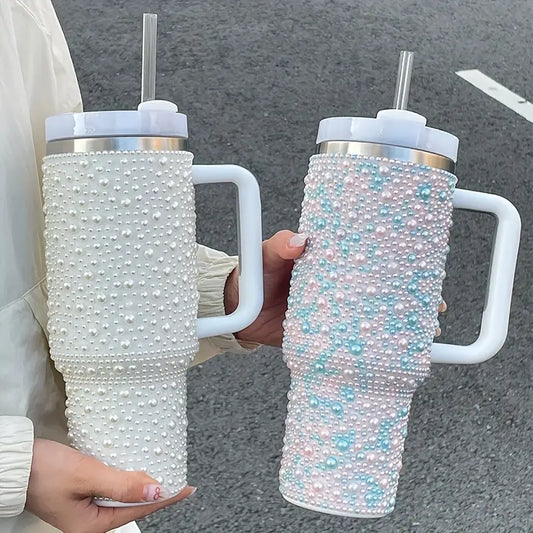 40oz Sweet Pearl-Embellished Stainless Steel Insulated Tumbler with Handle and Straw - Large Capacity, Reusable, Hand Wash Only, Perfect for Car, Travel, and Holiday