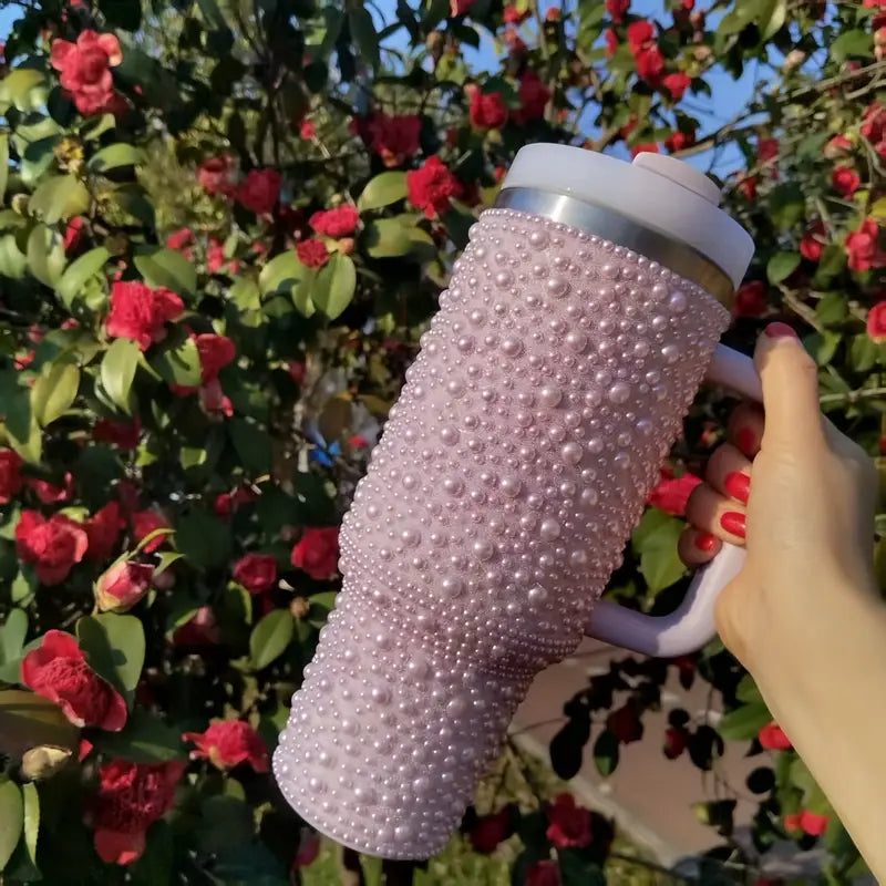 40oz Sweet Pearl-Embellished Stainless Steel Insulated Tumbler with Handle and Straw - Large Capacity, Reusable, Hand Wash Only, Perfect for Car, Travel, and Holiday