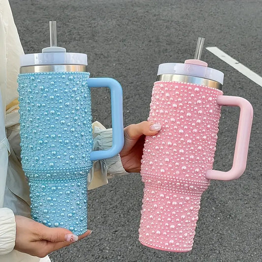 40oz Sweet Pearl-Embellished Stainless Steel Insulated Tumbler with Handle and Straw - Large Capacity, Reusable, Hand Wash Only, Perfect for Car, Travel, and Holiday