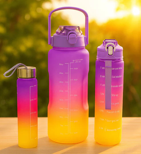 Gradient Motivational Water Bottle Set – 3 Sizes (Large, Medium, Slim) with Time Markers & Leak-Proof Lid